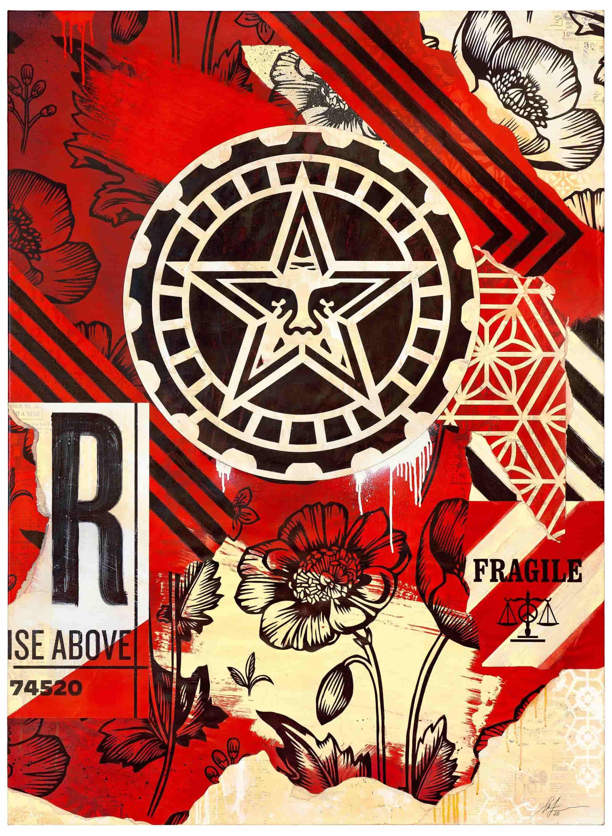 Shepard Fairey, Gears of Justice (2023), Mixed media (stencil, silkscreen and collage) on canvas, Courtesy Artist ObeyGiant.com